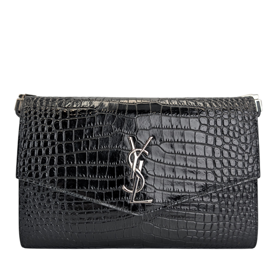 Yves Saint Laurent Uptown Wallet on Chain Black Croc Embossed Leather Palladium