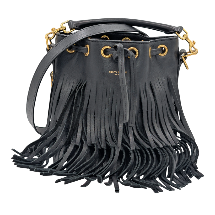 Secondhandbags AG black leather Saint Laurent Emanuelle bucket bag with fringe detail and gold hardware.