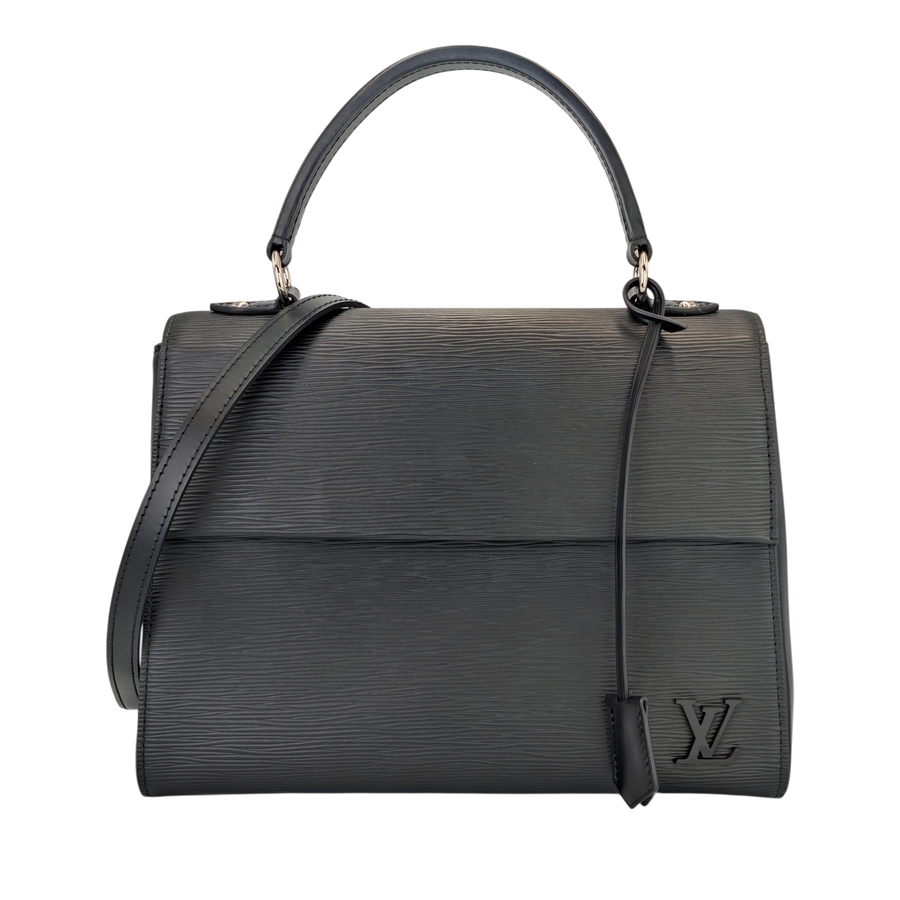 Secondhandbags AG Louis Vuitton Cluny MM black Epi leather handbag with top handle and shoulder strap.