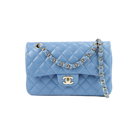 Chanel Classic Double Flap Small Blue Caviar Oro chiaro