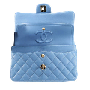 Chanel Classic Double Flap Small Blue Caviar Oro chiaro