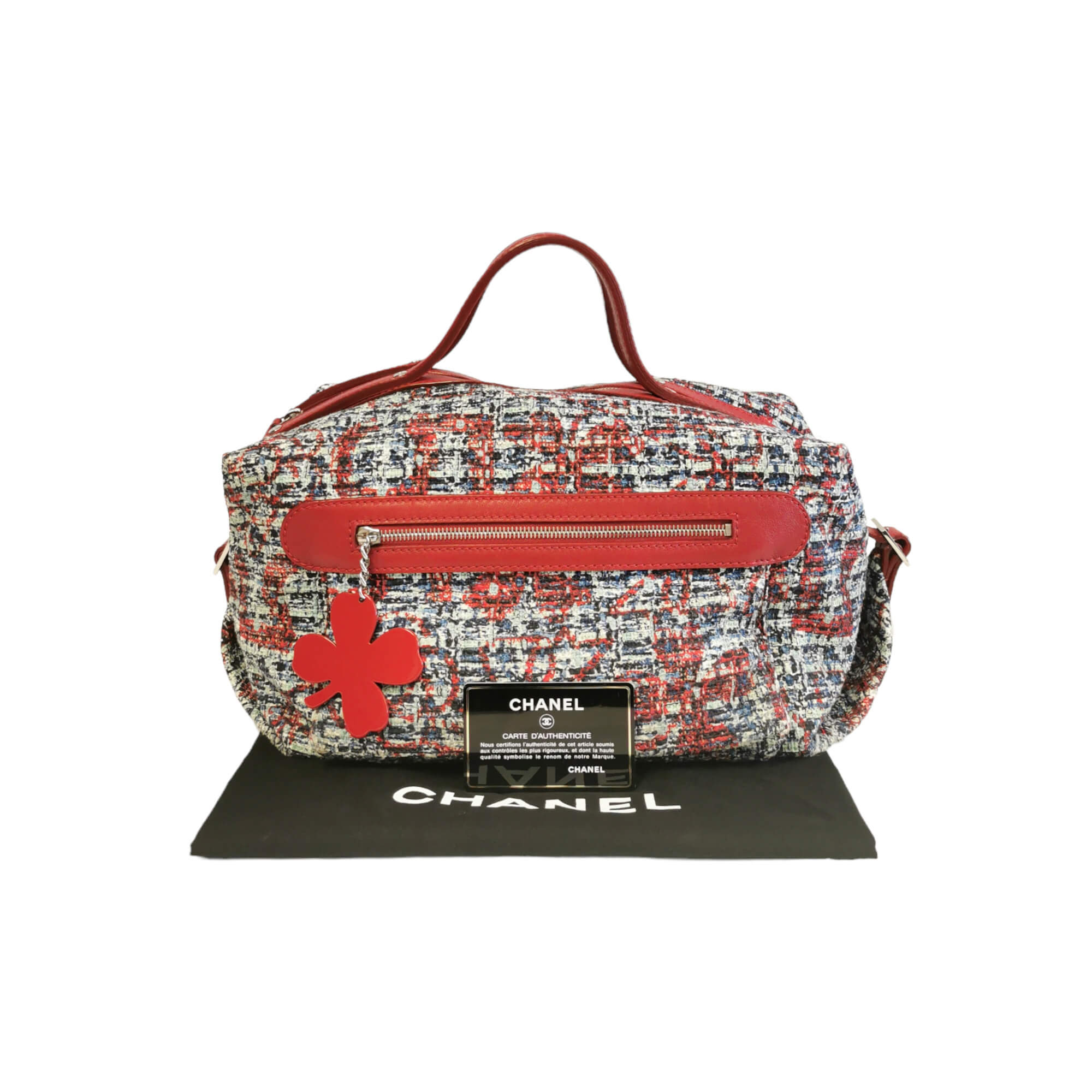 Chanel Duffle Sac Clover Red Tweed Silver