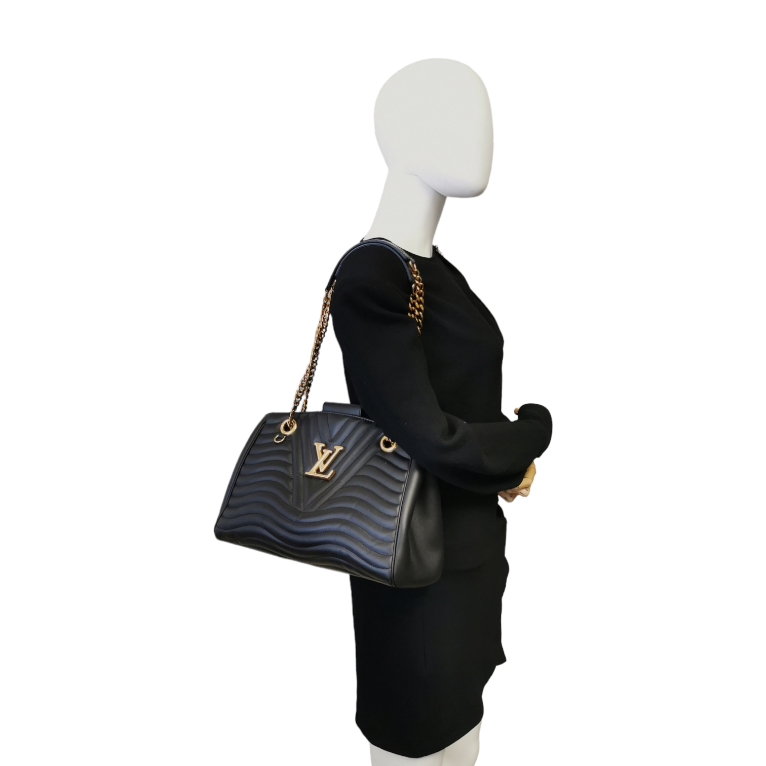 Borsa Tote donna Louis Vuitton New Wave nera pelle con catena dorata